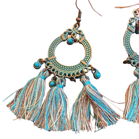 Boho Style Turquoise and Brown Fringe Drop Earrings - Picture 4 of 5